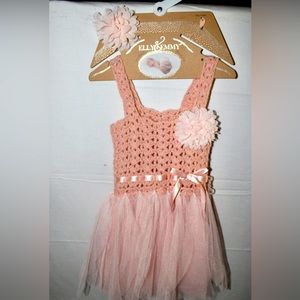 Ella & Emmy Baby Hand Made 2 Pc Macrame Pink Dress Head Band 0-6 Months Newborn